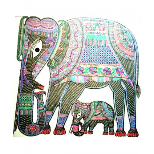 Madhubani Wall Painting Of An Elephant With Her Baby