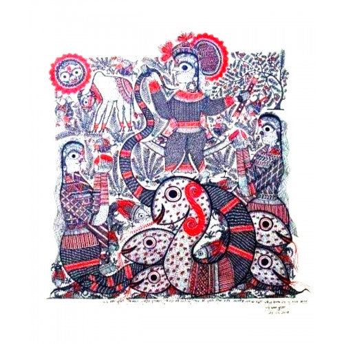 Krishna Dancing On Kaliya Naag Madhubani Painting For Room