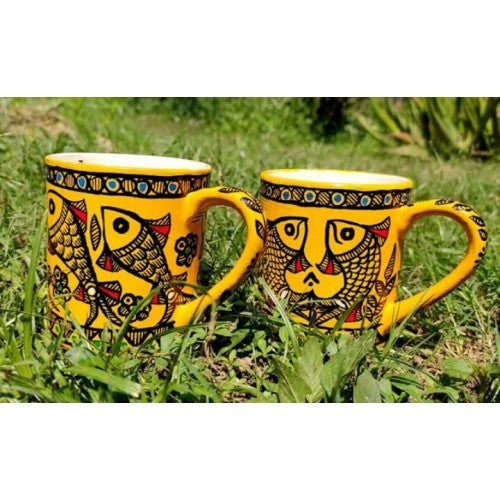 Traditional Handmade Delightful Yellow Colour Cup Set Of 2 Designed by Madhubani Painting