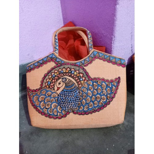Handmade Beautiful Handbag Designed by Madhubani Painting For Women In Peach Colour