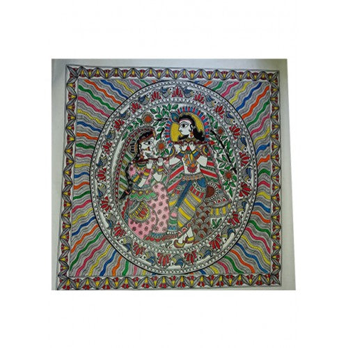 Beautiful Traditional Madhubani Canvas Painting of Radha Krishna