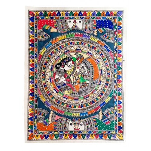 Traditional Madhubani Canvas Painting of Radha Krishna