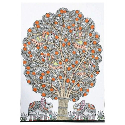 Traditional Madhubani Natural Canvas Painting of Elephant Under the Tree
