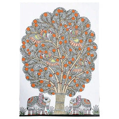 Traditional Madhubani Natural Canvas Painting of Elephant Under the Tree