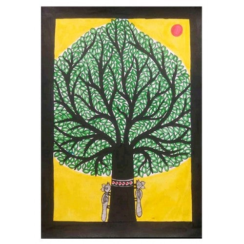 Traditional Madhubani Canvas Painting of Green Tree