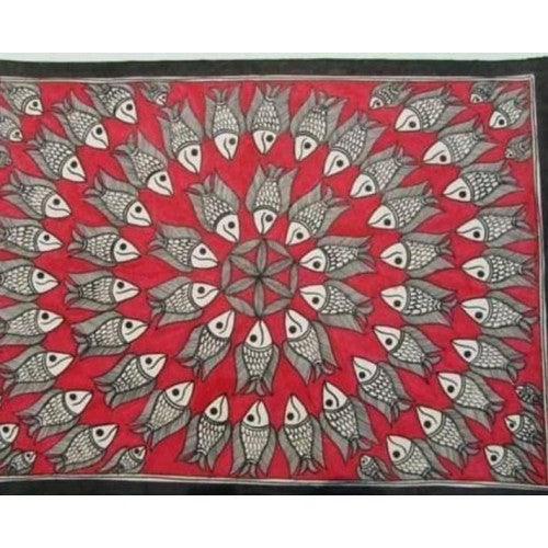 Traditional Madhubani Red Canvas Painting of Fish