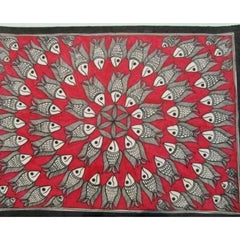 Traditional Madhubani Red Canvas Painting of Fish