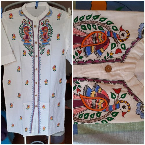 Traditional Handmade Madhubani Painting XXL Size White Colour Kurti For Women By Priti Karn
