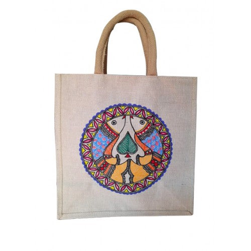 Traditional Handmade Madhubani Painting Fish Design Jute Bag For Daily Use Purpose