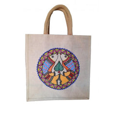 Traditional Handmade Madhubani Painting Fish Design Jute Bag For Daily Use Purpose