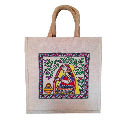 Traditional Handmade Madhubani Painting Beautiful Woman Design Jute Bag For Daily Use Purpose