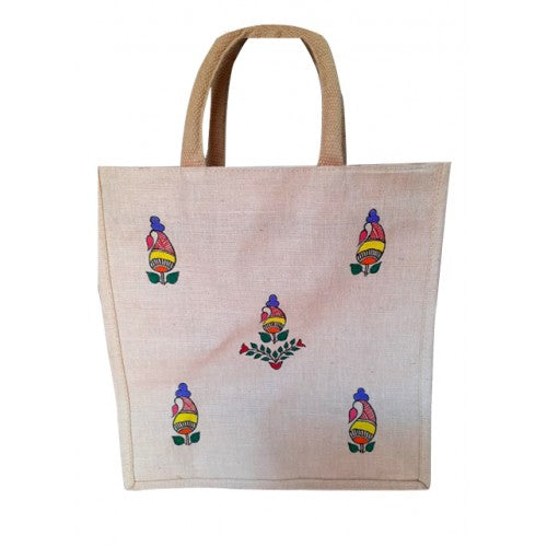 Traditional Handmade Madhubani Painting Beautiful Peacock Design Jute Bag For Daily Use Purpose