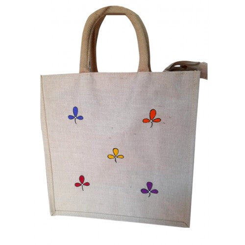 Traditional Handmade Madhubani Painting Beautiful Flower Design Jute Bag For Daily Use Purpose