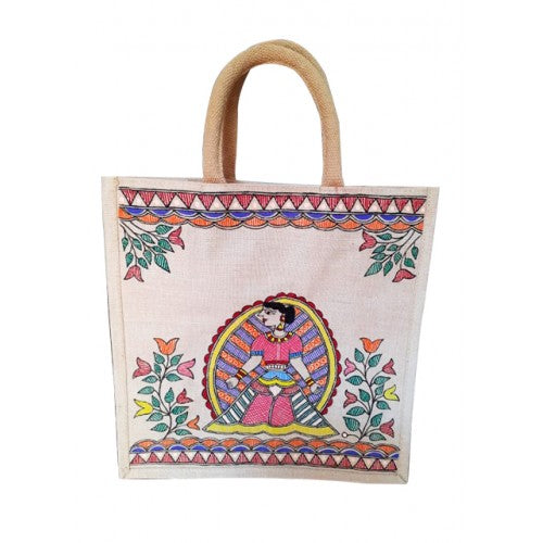 Traditional Handmade Madhubani Painting Beautiful Lady Design Jute Bag For Daily Use Purpose