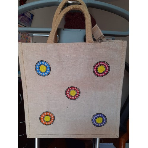 Traditional Handmade Madhubani Painting Beautiful Circle Design Jute Bag For Daily Use Purpose