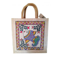 Traditional Handmade Madhubani Painting Beautiful Fish Design Jute Bag For Daily Use Purpose