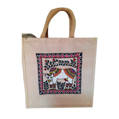 Traditional Handmade Madhubani Painting Beautiful White Cow Design Jute Bag For Daily Use Purpose