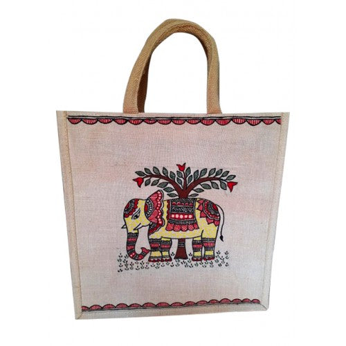 Traditional Handmade Madhubani Painting Beautiful Elephant Design Jute Bag For Daily Use Purpose