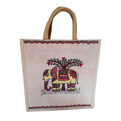 Traditional Handmade Madhubani Painting Beautiful Elephant Design Jute Bag For Daily Use Purpose