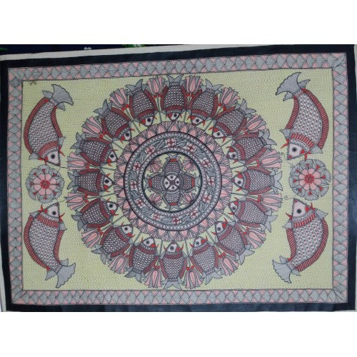 Traditional Handmade Madhubani Paper Painting 22 x 30 inch Of Ground Fishes For Wall Decoration Purp