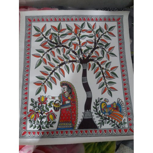 Traditional Handmade Madhubani Paper Painting Woman Watering Plant 22 x 25 inch For Wall Decoration