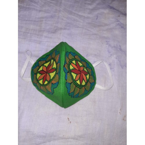 Handmade Beautiful Mask Designed By Madhubani Painting In Green Colour For Virus Protection