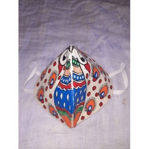 Handmade Beautiful Mask Designed By Madhubani Painting In Off White Colour For Virus Protection