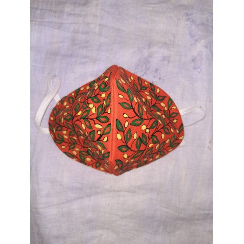 Handmade Beautiful Mask Designed By Madhubani Painting In Off Dark Orange Colour For Virus Protectio