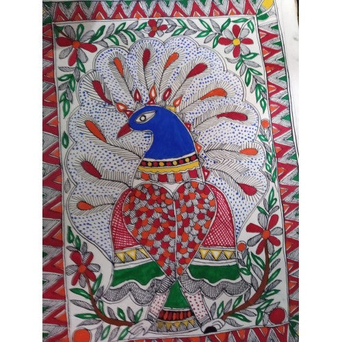 Handmade Beautiful White Peacock Pagadi Designed By Madhubani Painting In MultiColour
