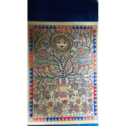 Traditional Handmade Madhubani Painting Of Beautiful Scenery Radha In MultiColour