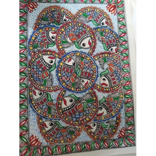 Traditional Handmade Madhubani Painting Of Beautiful Fish In MultiColour