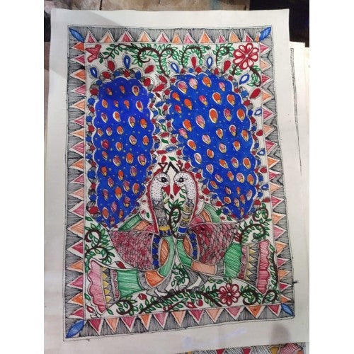 Traditional Handmade Madhubani Painting Of Beautiful Peacock In MultiColour