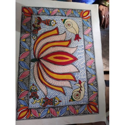 Traditional Handmade Madhubani Painting Of Beautiful Lotus In MultiColour