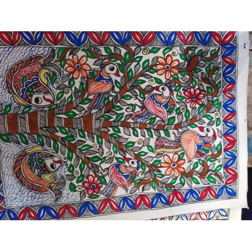 Traditional Handmade Madhubani Painting Of Beautiful Fish And Birds In MultiColour