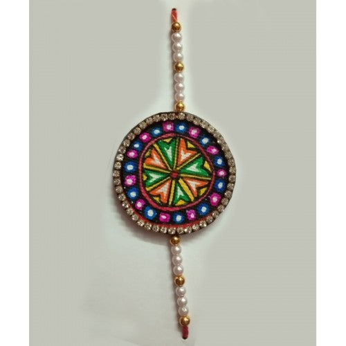 Beautiful Madhubani Handpainted Rakhi Flower Design Colorful With Pearl Band