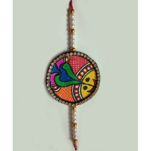 Beautiful Madhubani Handpainted Rakhi Smiley Design Colorful With Pearl Band
