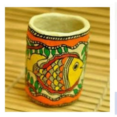 Traditional Handmade Delightful Orange Colour Pen Stand Designed by Madhubani Painting