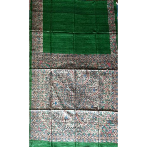 Traditional Madhubani Painting Handloom Beautiful Designs Green Silk Saree For Women