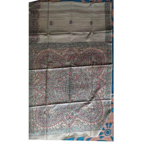 Traditional Madhubani Painting Handloom Beautiful Designs Cream Silk Saree For Women