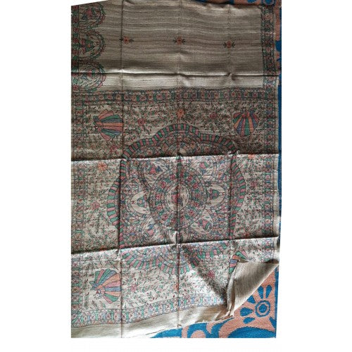 Madhubani Painting Handloom Beautiful Designs Cream Silk Saree For Women