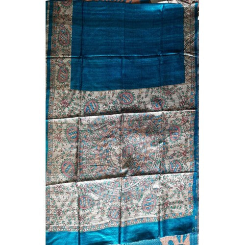 Traditional Madhubani Painting Handloom Beautiful Designs Sky Blue Silk Saree For Women