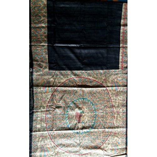 Traditional Madhubani Painting Handloom Beautiful Design Black Silk Saree For Women
