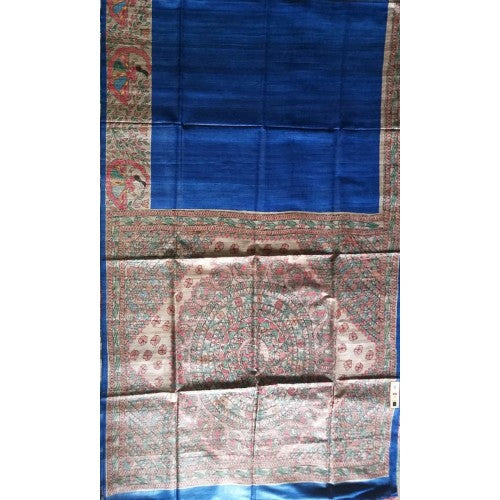 Madhubani Painting Handloom Beautiful Designs Sky Blue Silk Saree For Women
