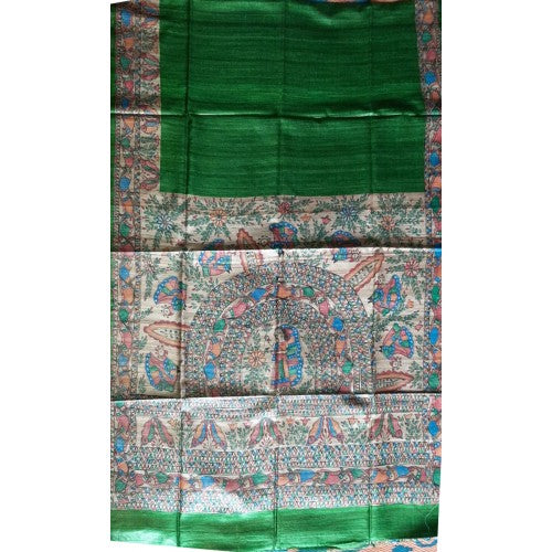 Traditional Madhubani Painting Handloom Beautiful Designs Green Silk Saree For Women