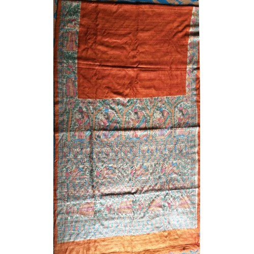 Traditional Madhubani Painting Handloom Beautiful Designs Orange Silk Saree For Women