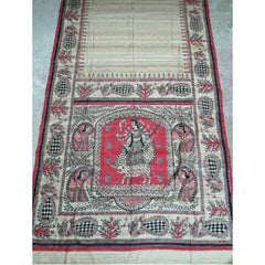 Traditional Wear Handloom Cream Colour Floral Designs Silk Saree Madhubani Hand Printed For Women