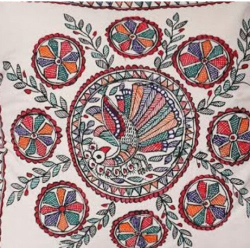 Traditional Hand Printed Cream Colour Floral Designs Cushion Cover Set Of 2 Pieces Madhubani Hand Pr