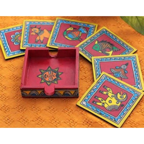 Traditional Handmade Beautiful Tea Coaster Set Of 6 Pieces Designed by Madhubani Painting