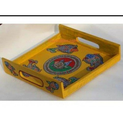 Traditional Handmade Delightful Yellow Colour Tray Designed by Madhubani Painting