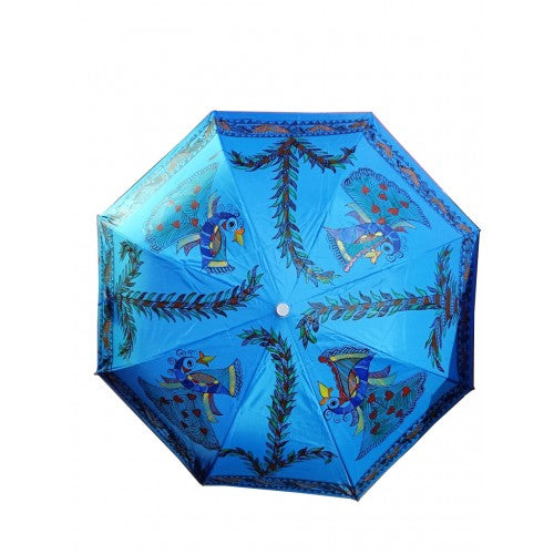 Traditional Handmade Blue Umbrella Designed By Madhubani Painting For Sun And Rain Protection